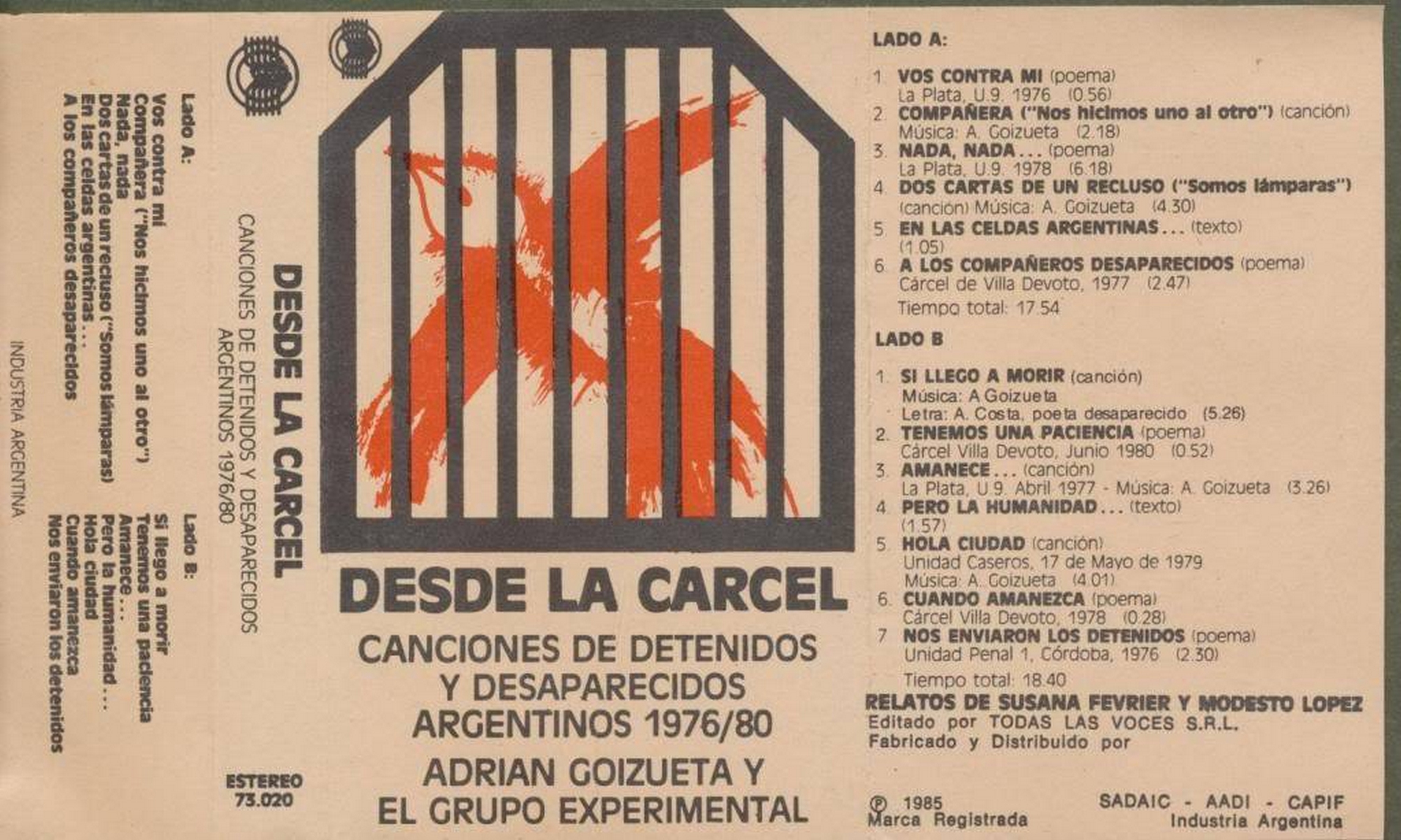 Contratapa de Adrián Goizueta y el experimental — Desde la Cárcel