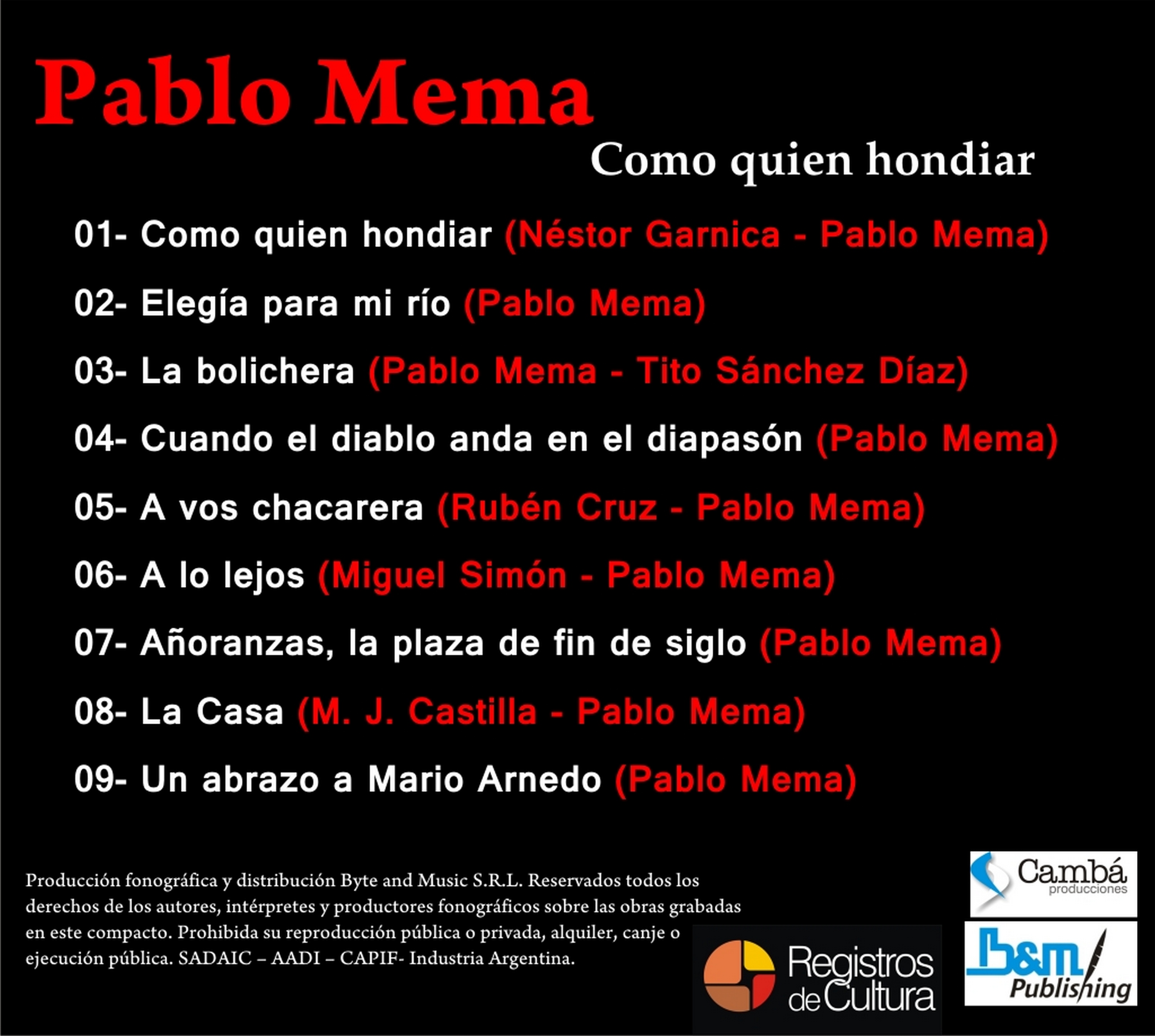 Contratapa de Pablo Mema — Como Quien Hondiar
