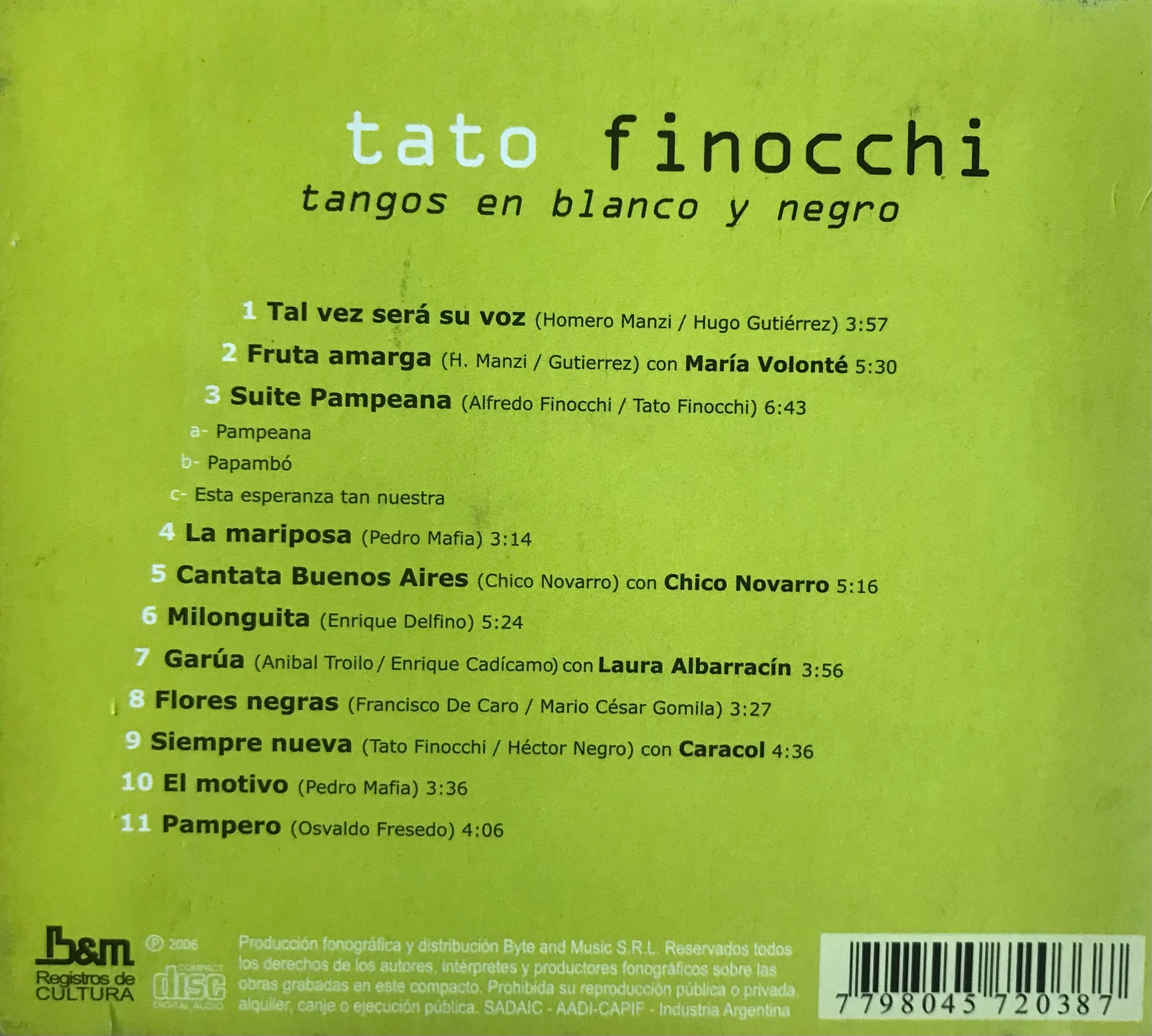 Contratapa de Tato Finocchi — Tangos en Blanco y Negro
